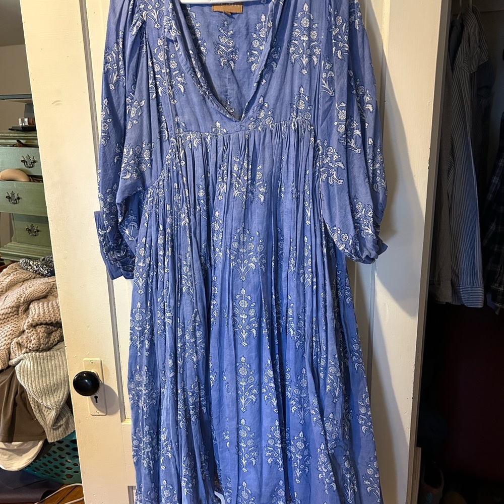 Blue V-Neck Sundress with Bishop Sleeves